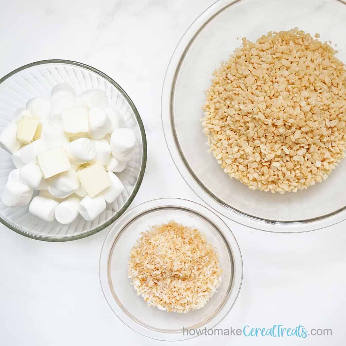 marshmallows and butter, Rice Krispies, and toasted coconut