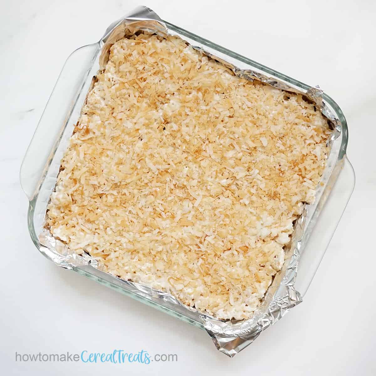 Baking pan with toasted coconut Rice KRispie treats