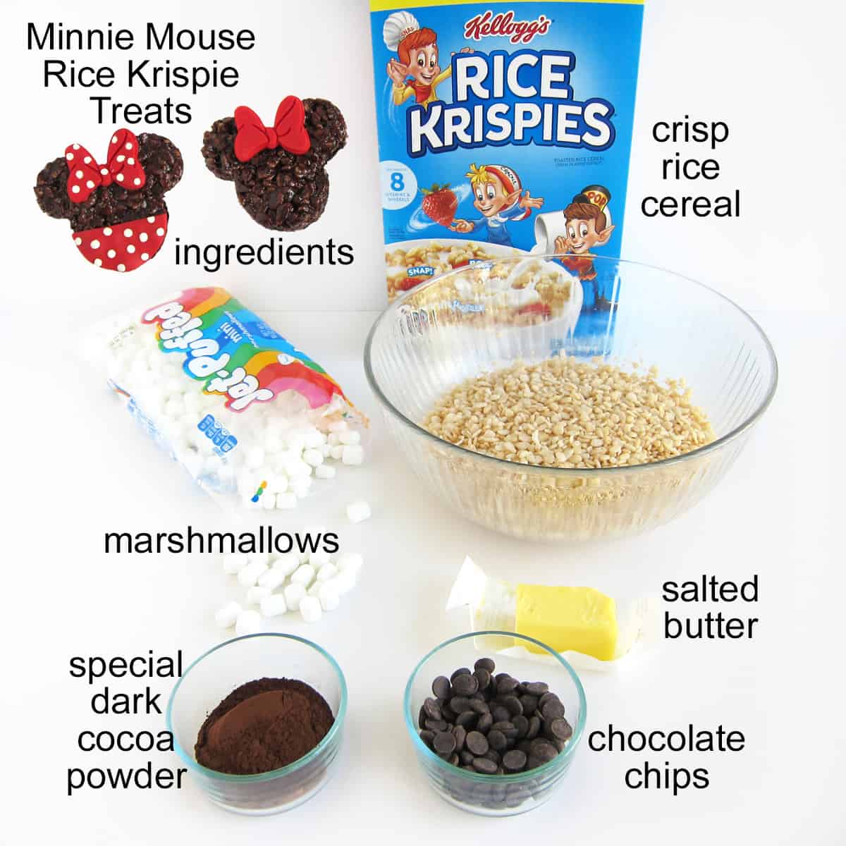 Minnie Mouse Rice Treats ingredients indcluding Rice Krispies, marshmallows, butter, cocoa powder, and chocolate chips