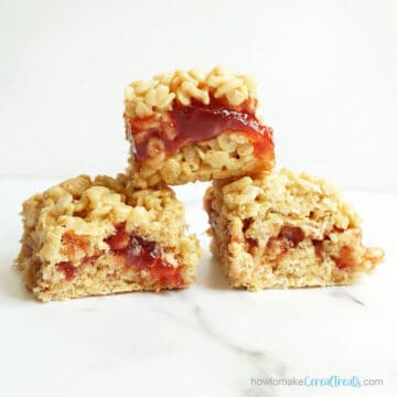 stacked peanut butter and jelly rice crispy treats