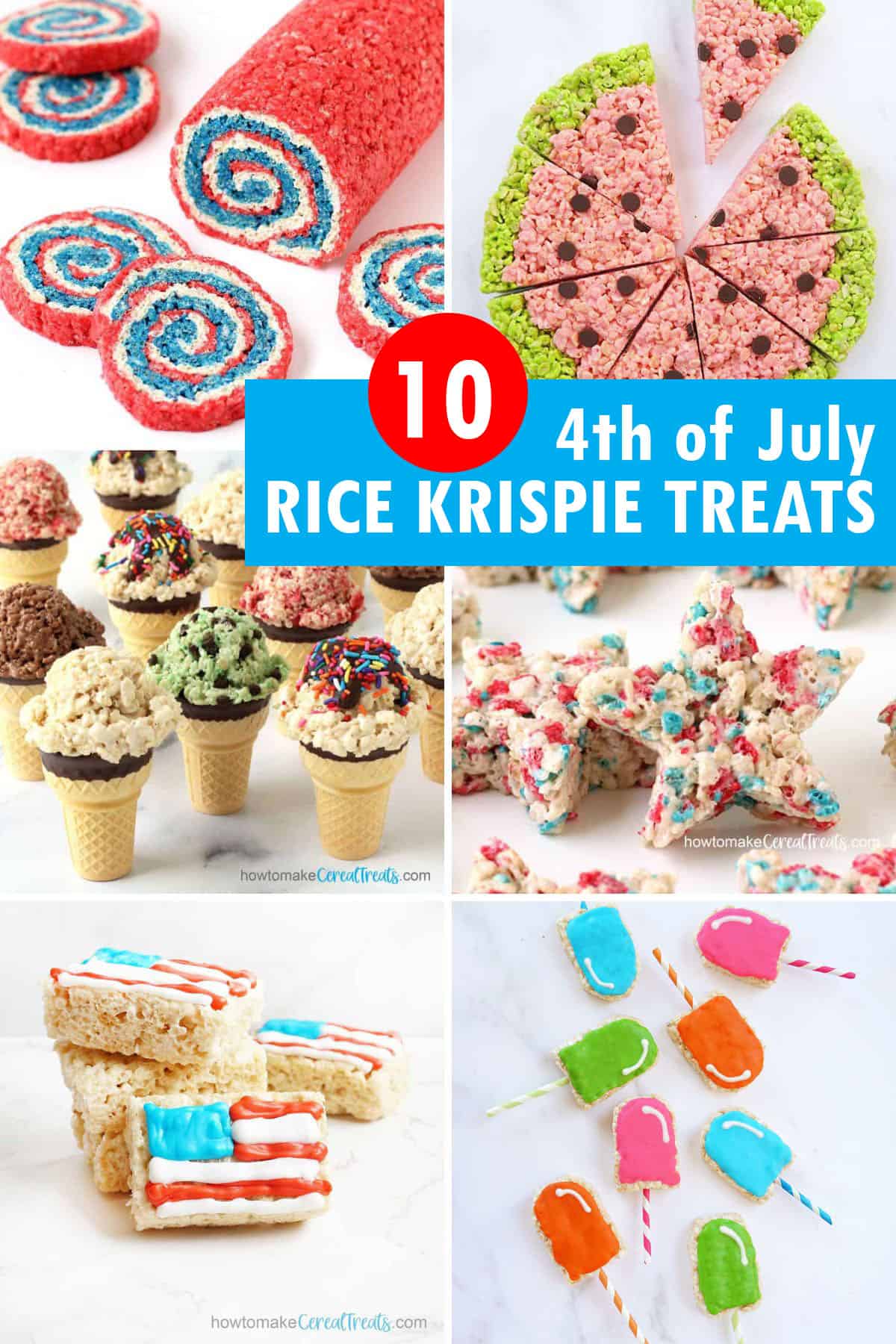 collage of Rice Krispie Treats for the 4th of July and summer BBQ