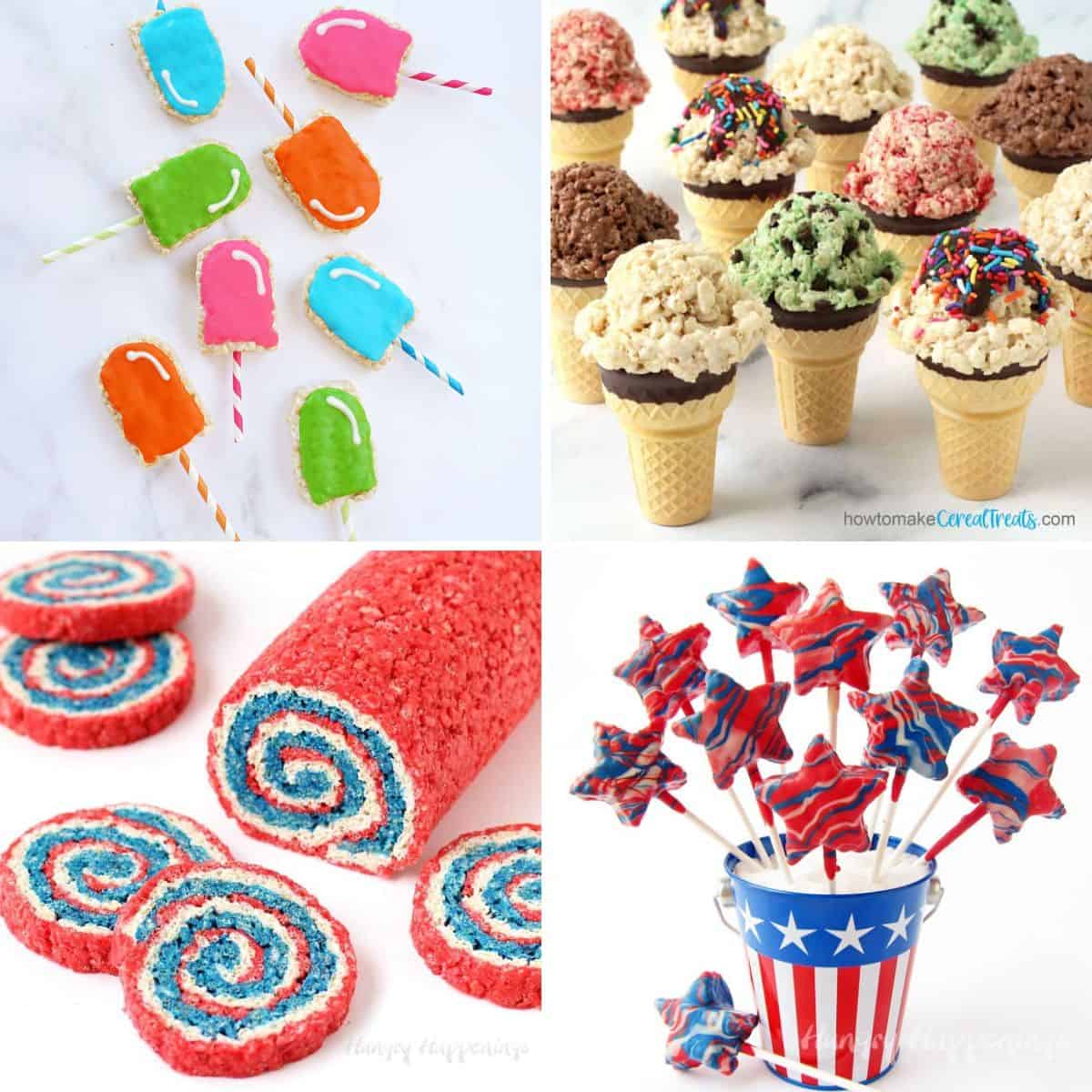 collage of no-bake rice krispie treats for memorial day, 4th of July, and summer