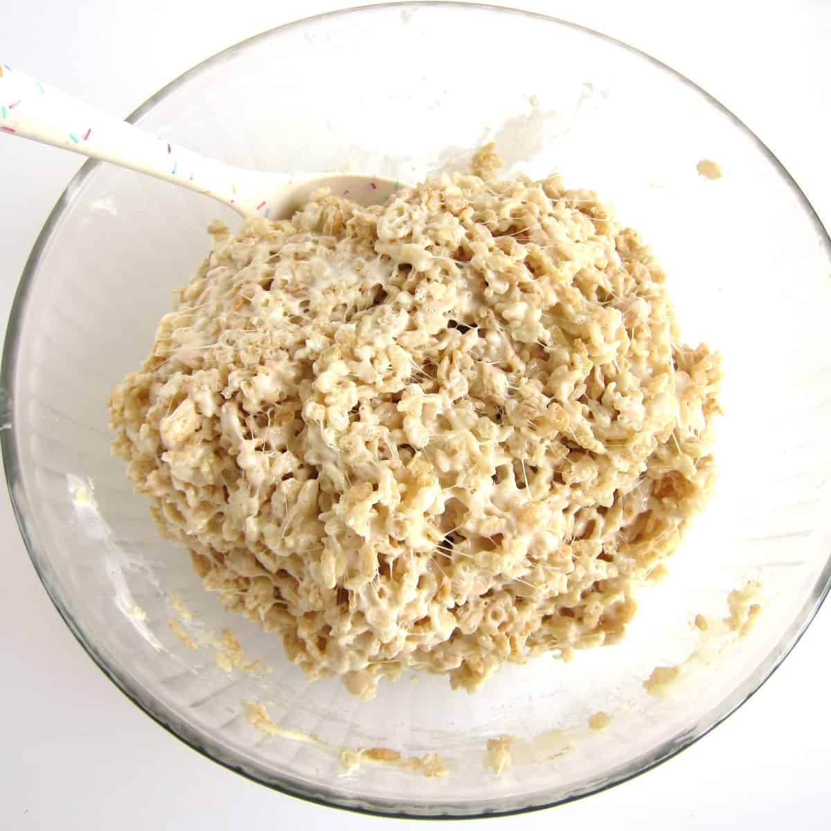 Rice Krispie Treat mixture in a mixing bowl.