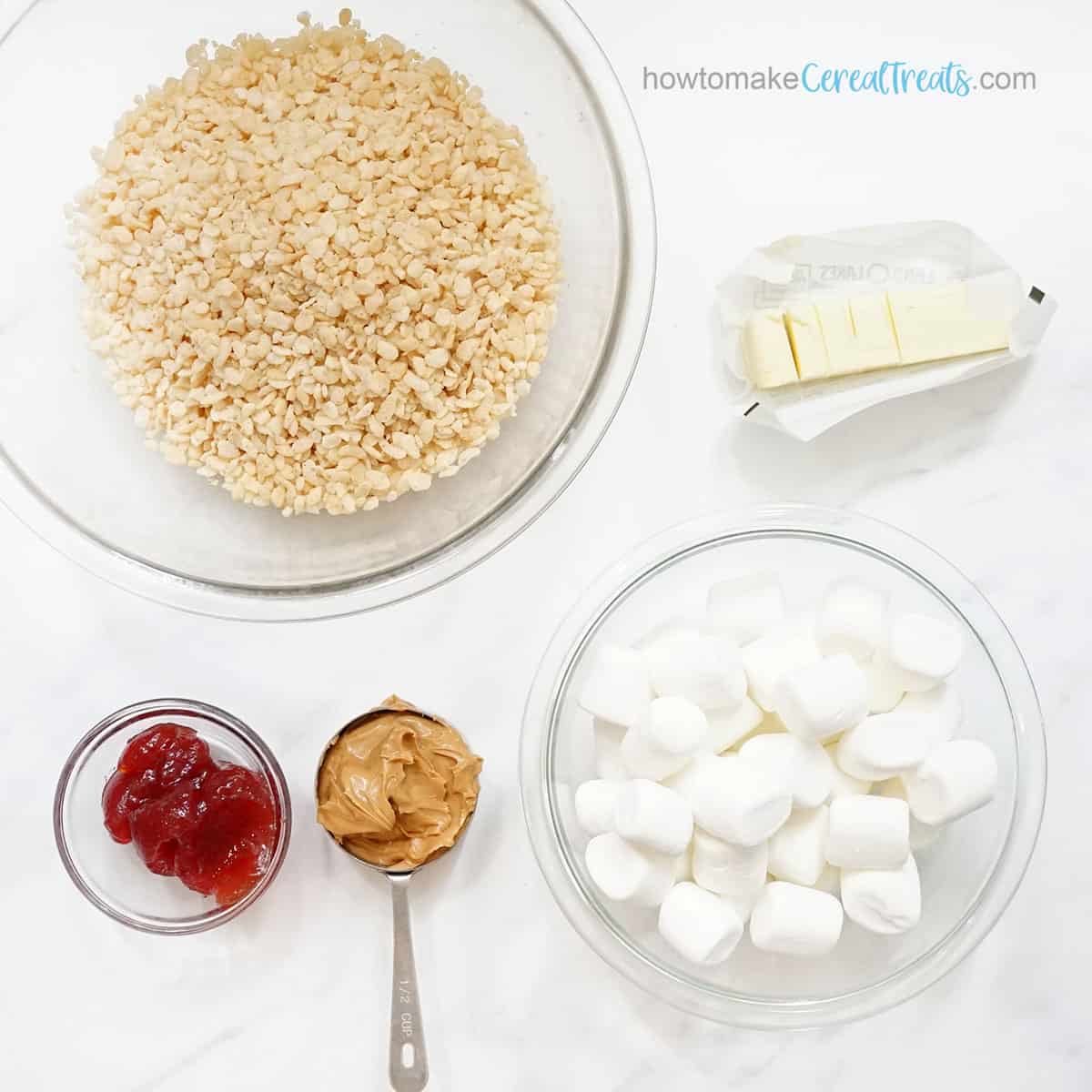 Rice krispies, marshmallows, butter, peanut butter, and jelly
