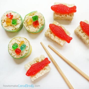 Rice Krispie Treat sushi with swedish fish, gummy bears, and fruit rollups