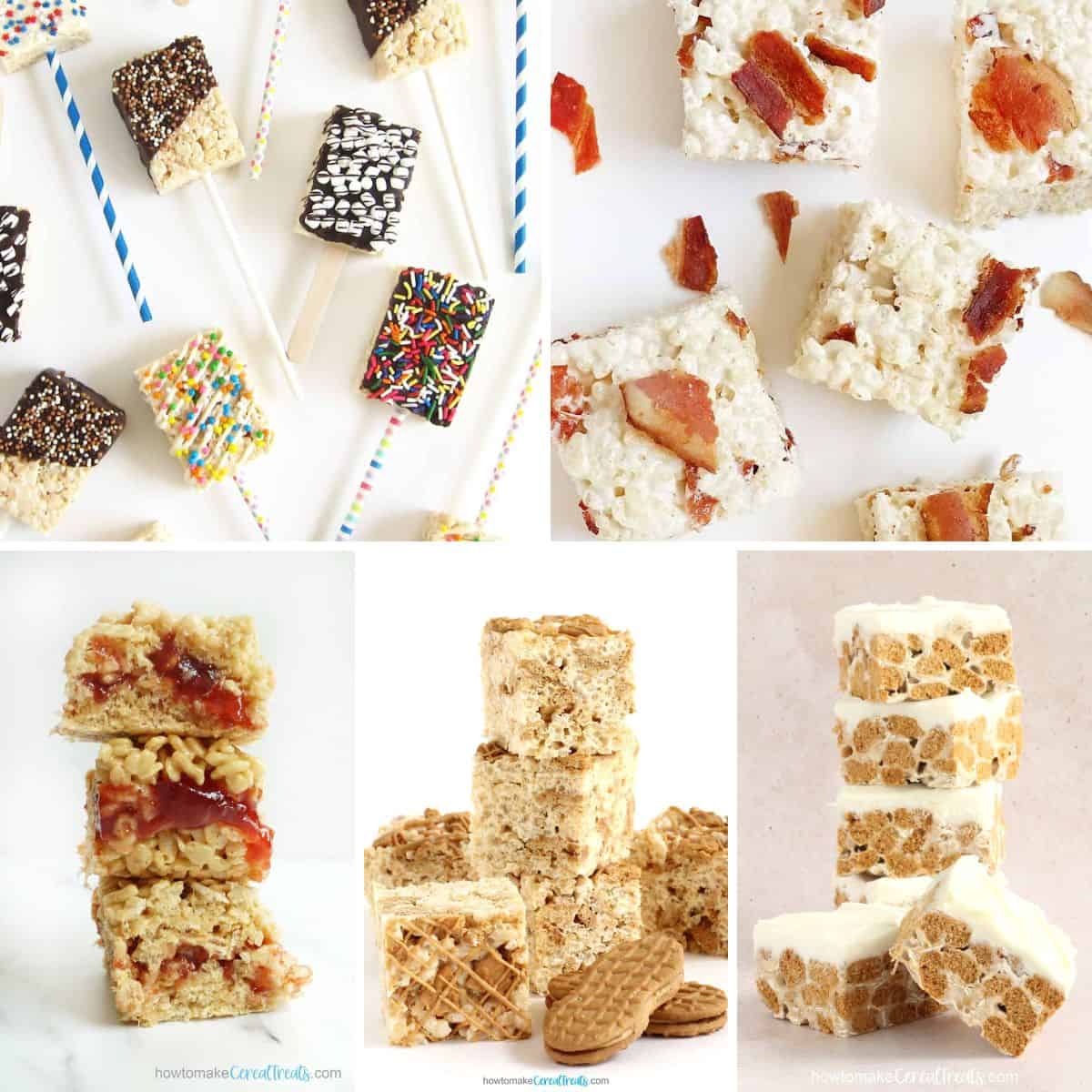collage of rice krispie treats with different toppings and flavors