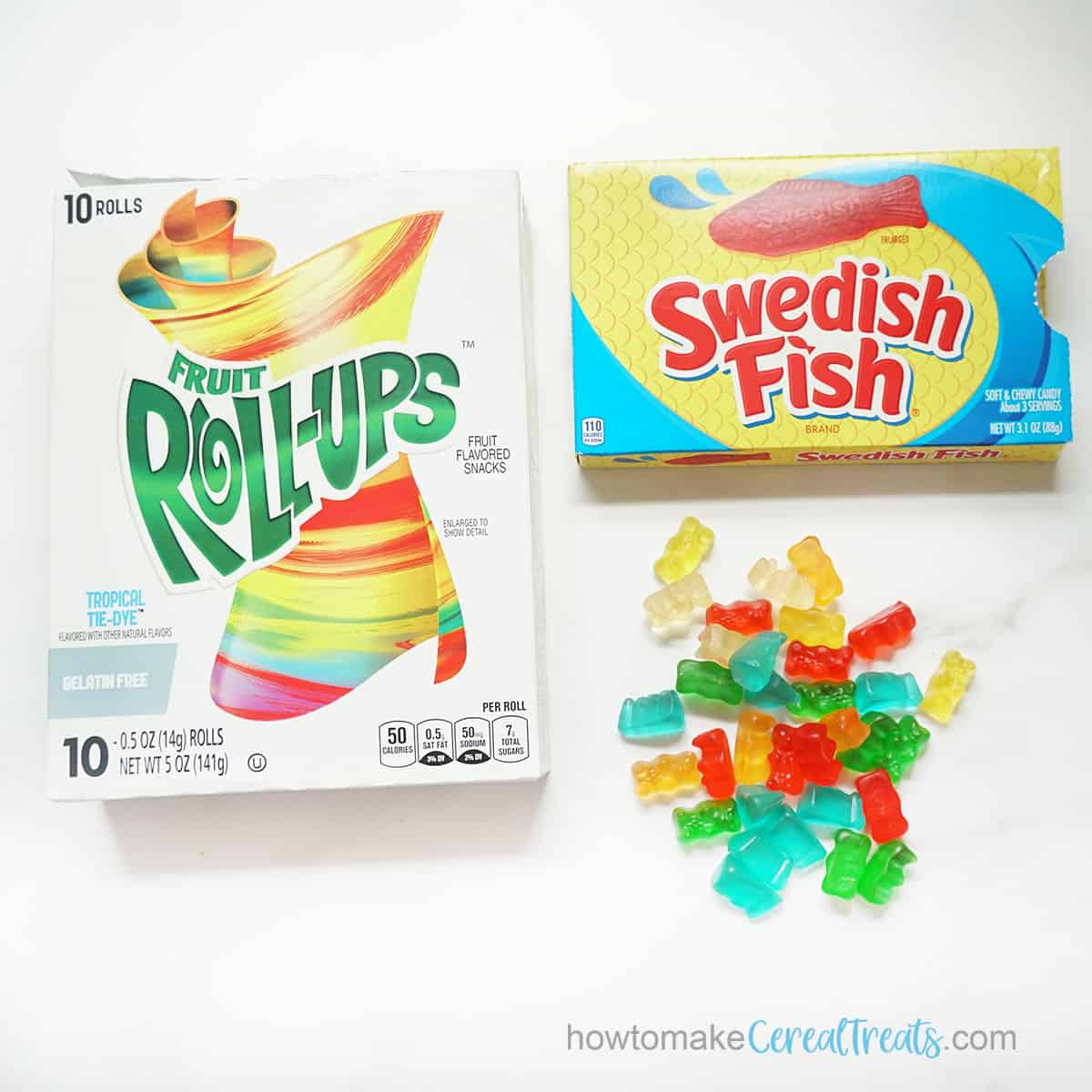Fruit rollups, swedish fish and gummy bears 