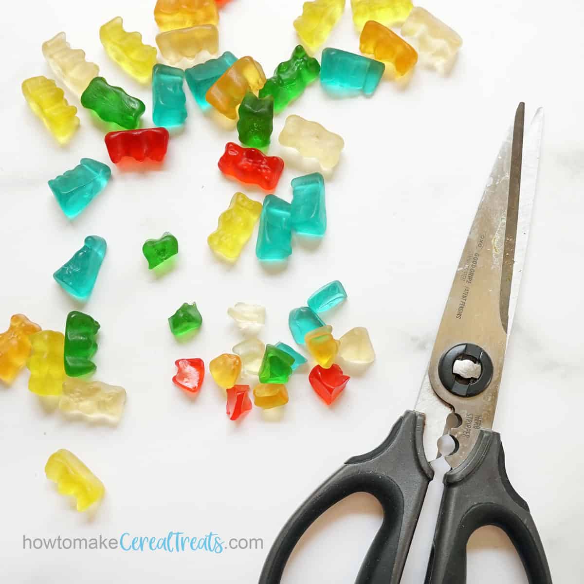 chopping gummy bears into small pieces