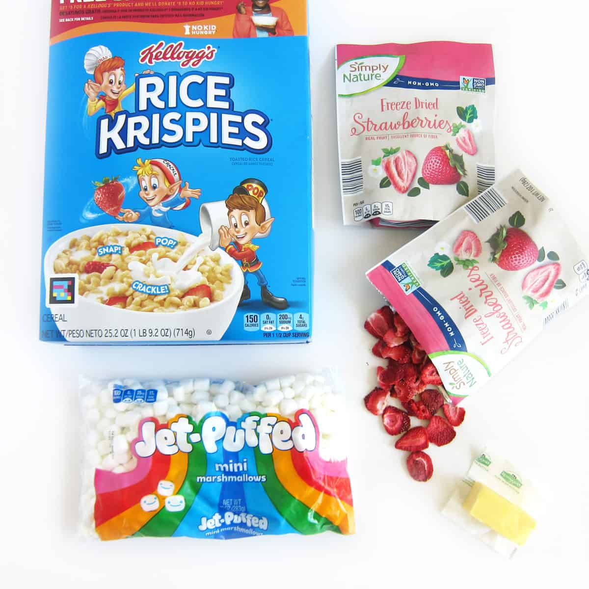 strawberry rice krispie treats ingredients including Rice Krispies Cereal. freeze dried strawberries, marshmallows, and butter.