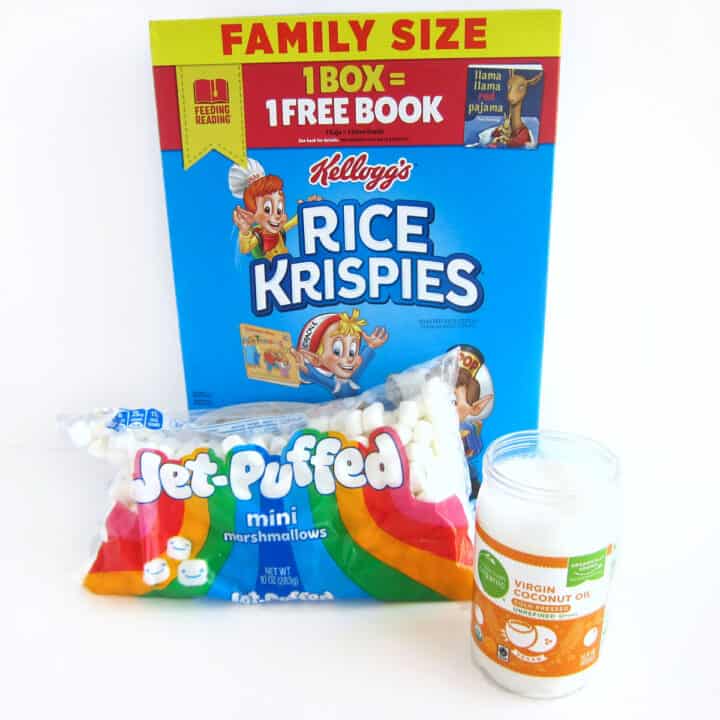 Dairy-free Rice Krispie Treats ingredients including Kellogg's Rice Krispies, Jet-Puffed Marshmallows, and Virgin Coconut Oil.