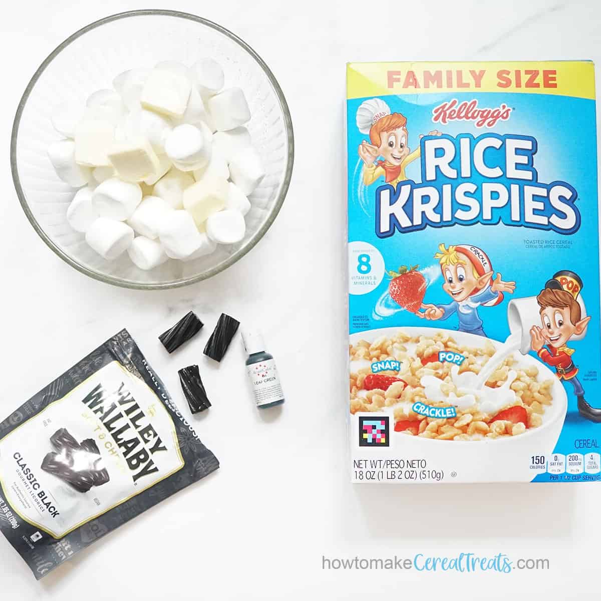 Minecraft rice krispie treats ingredients, marshmallows, butter, cereal, black licorice