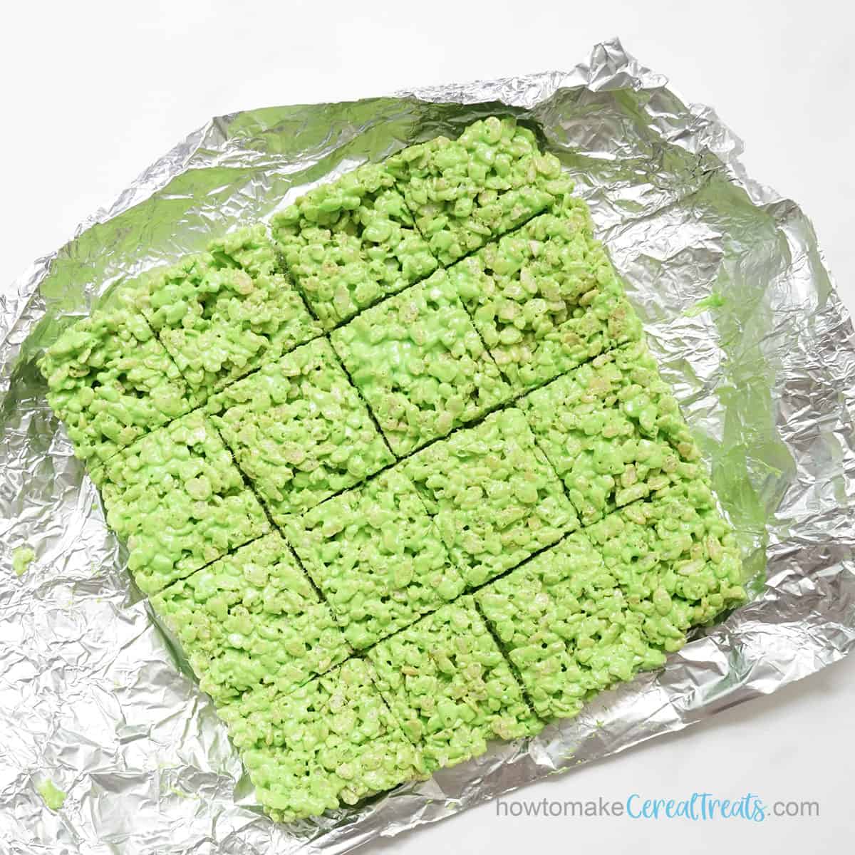Green rice krispie Treats cut into squares