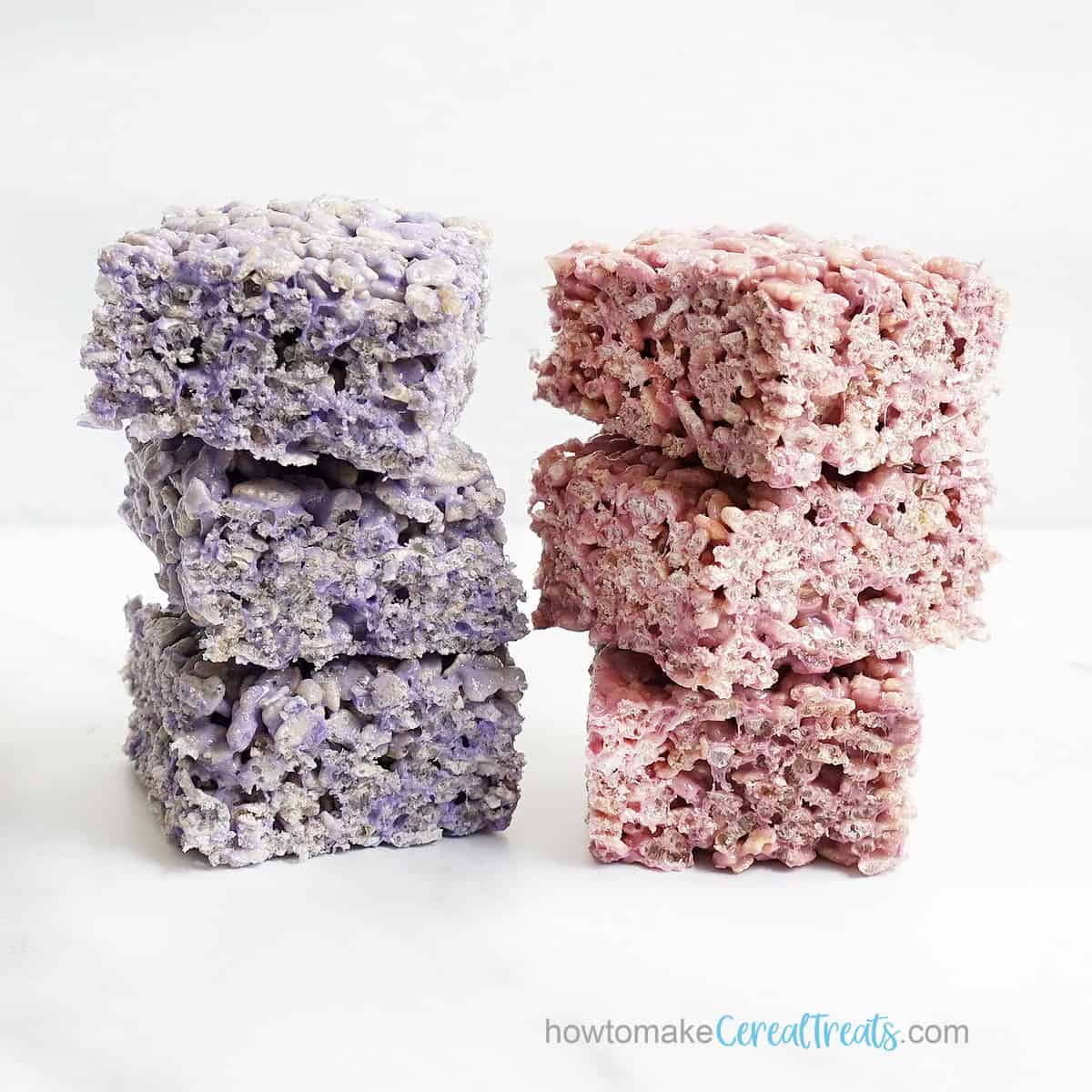 stacked Rice Krispie Treats colored in two shades of purple