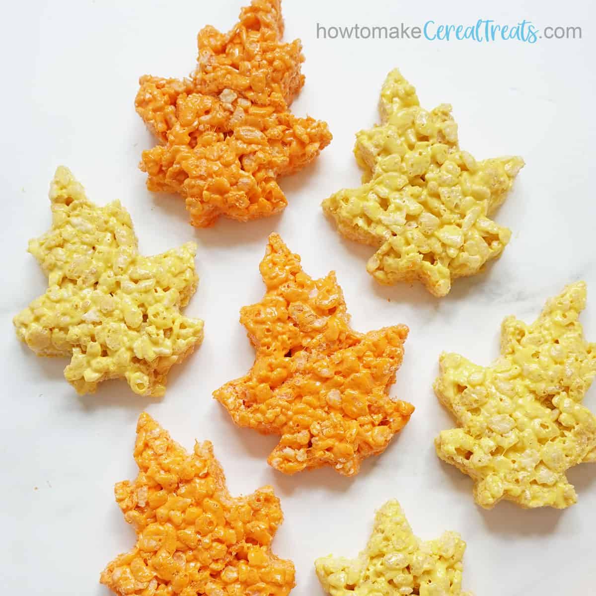 Rice Krispie treats colored for fall and cut out with leaf cookie cutters
