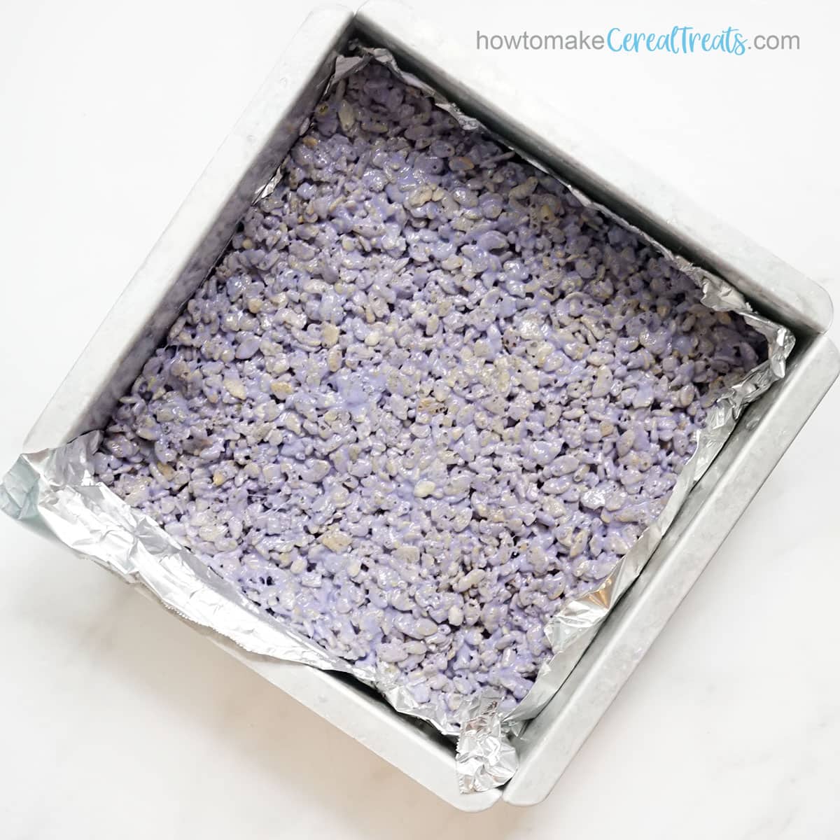 purple Rice Krispie Treats in baking pan