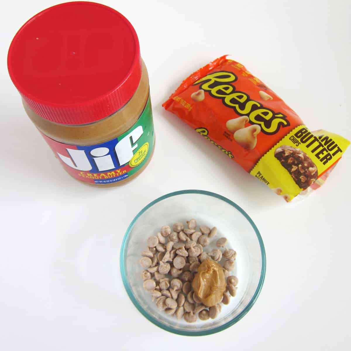Reese's Peanut butter Chips and creamy peanut butter.