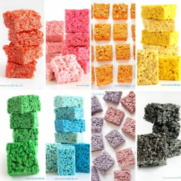 Rice Krispie Treats colored in red, pink, orange, yellow, green, blue, purple, and black