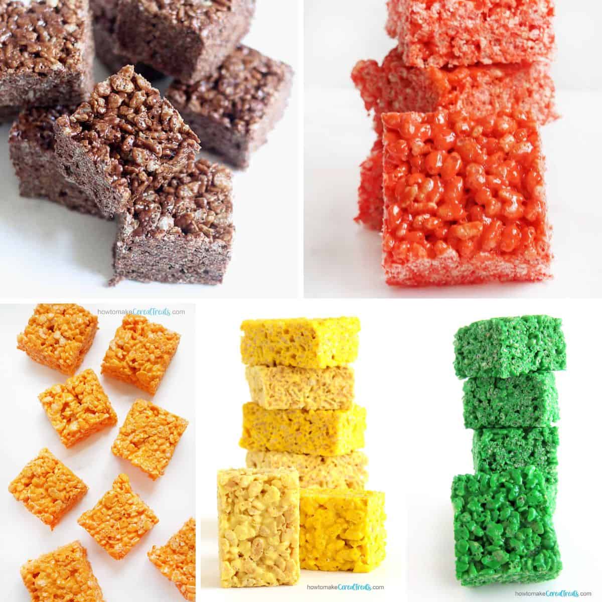 Colored Rice Krispie Treats in fall colors, chocolate, red, orange, yellow, and green