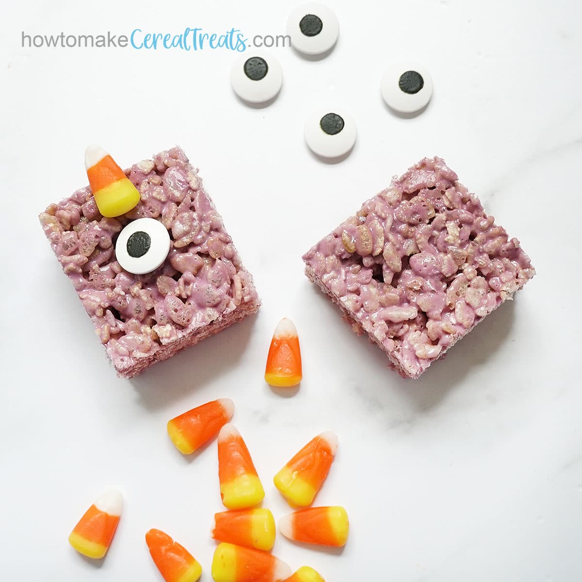 Candy corn and eye candies to decorate monster Rice Krispie Treats for Halloween