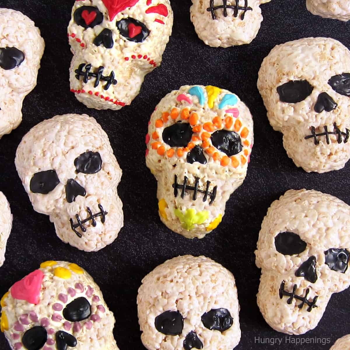 Rice Krispie Treat Skulls plain and decorated sugar skulls.
