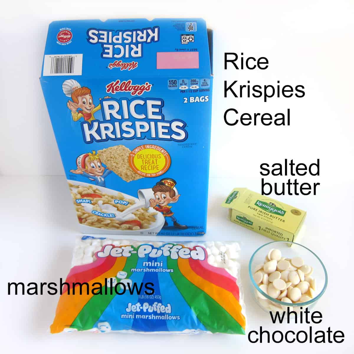 Rice Krispie Treat Skulls Ingredients including Rice Krispies  Cereal, Kerrygold Salted Butter, Kraft Jet-Puffed Marshmallows, and white chocolate. 