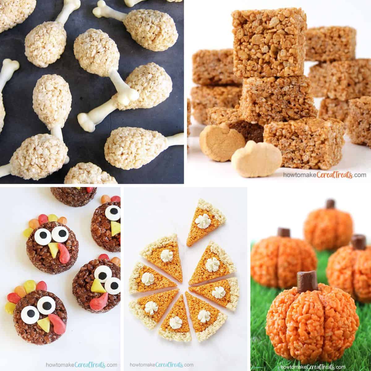 collage of Thanksgiving Rice Krispie Treat ideas