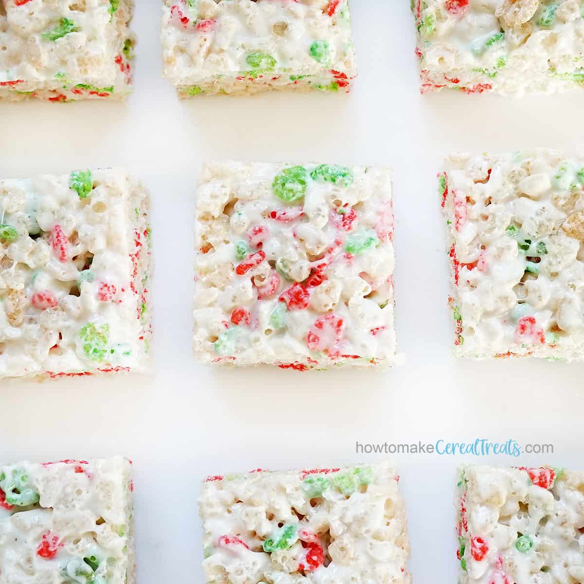 holiday Rice Krispie Treats with red and green cereal