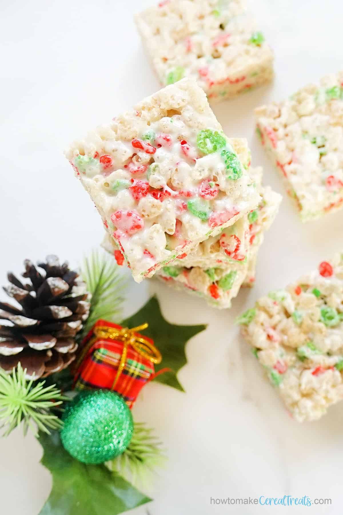 stack of Christmas Rice Krispie Treats with decoration