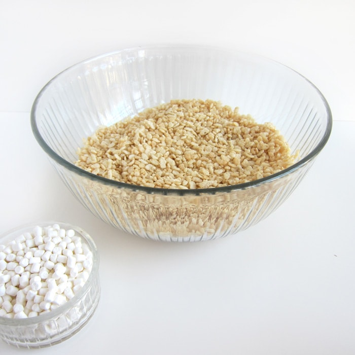 an extra-large mixing bowl filled with Rice Krispies cereal next to a small bowl of tiny dehydrated marshmallows.