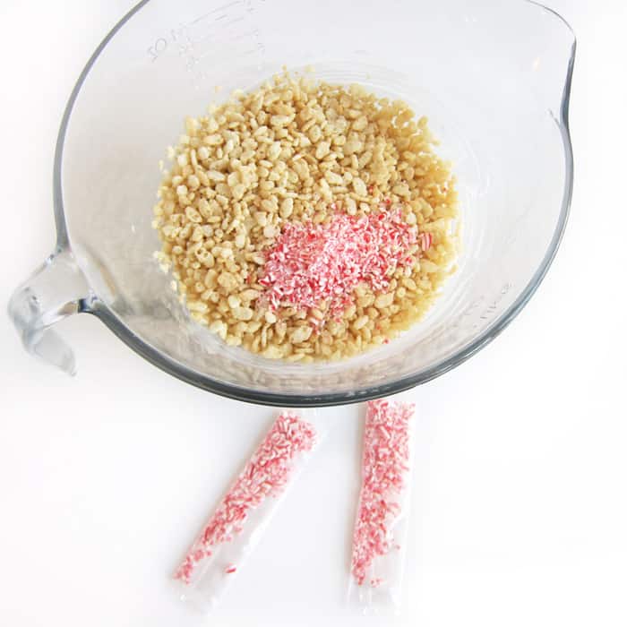 bowl of Rice Krispies Cereal and crushed candy canes.