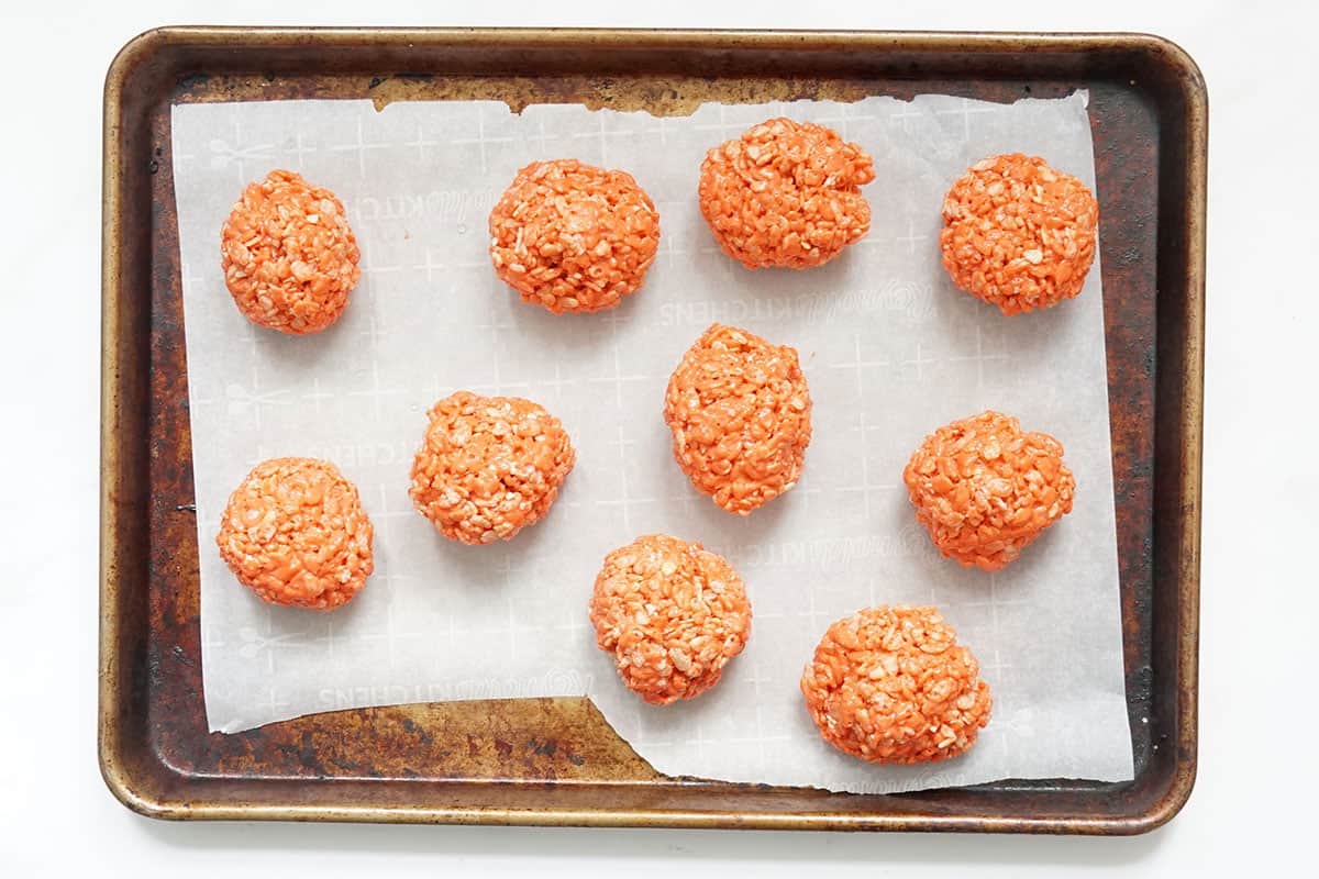 Red balls of Rice Krispie Treats for ornaments