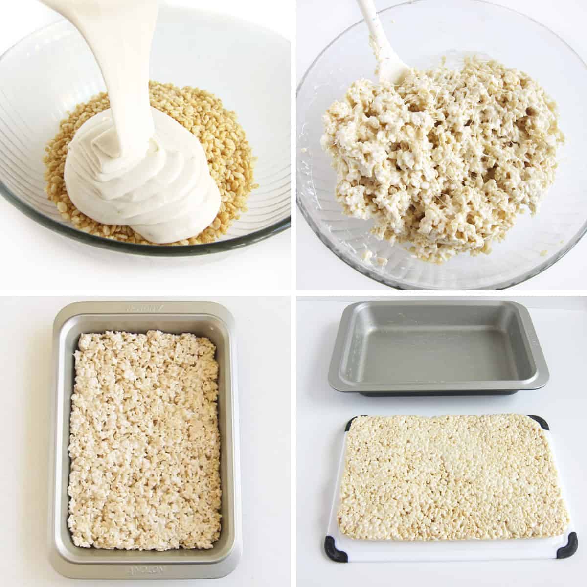 pouring melted marshmallows over cereal to make a 9x13-inch pan of Rice Krispies Treats. 