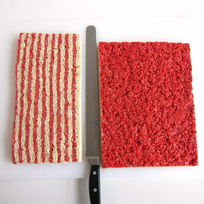 layered red and white striped Rice Krispie Treats.