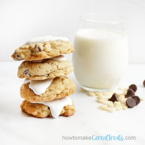 Rice Krispie Treat chocolate chip cookies and a glass of milk