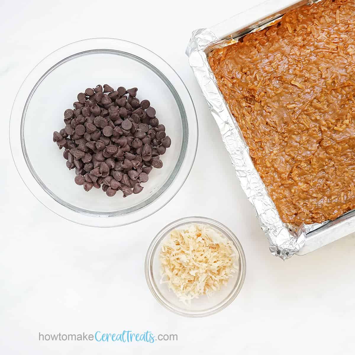 chocolate and coconut topping for Girl Scout cookie Samoa Rice Crispy Treats