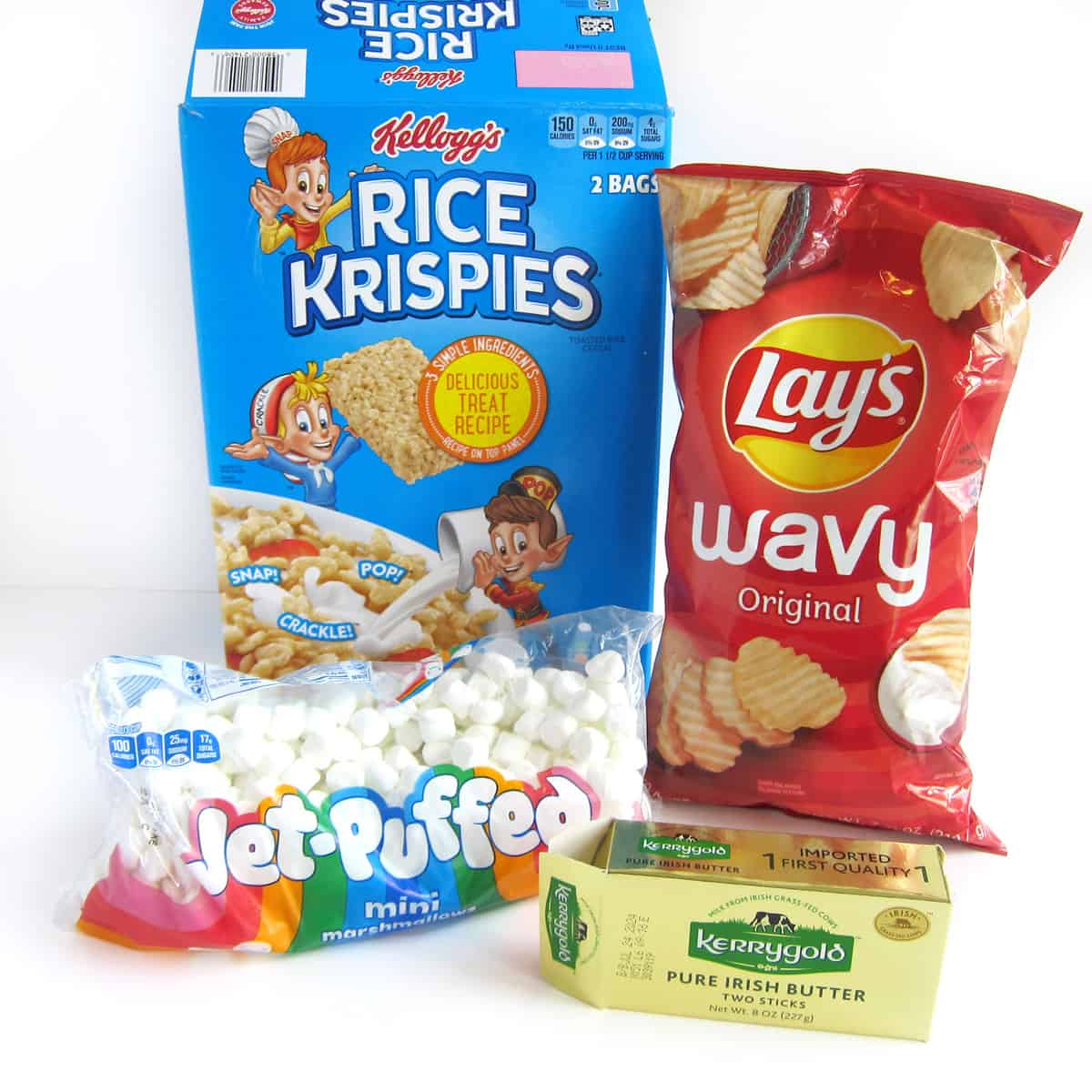 potato chip Rice Krispie treats recipe ingredients including Kellogg's Rice Krispies cereal, Lay's Wavy potato chips, Jet-Puffed mini marshmallows, and Kerrygold Pure Irish salted butter.